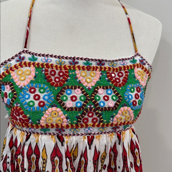 Zara vibrant Multicolor Embroidered boho strappy mini babydoll Dress - Picture 3 of 6